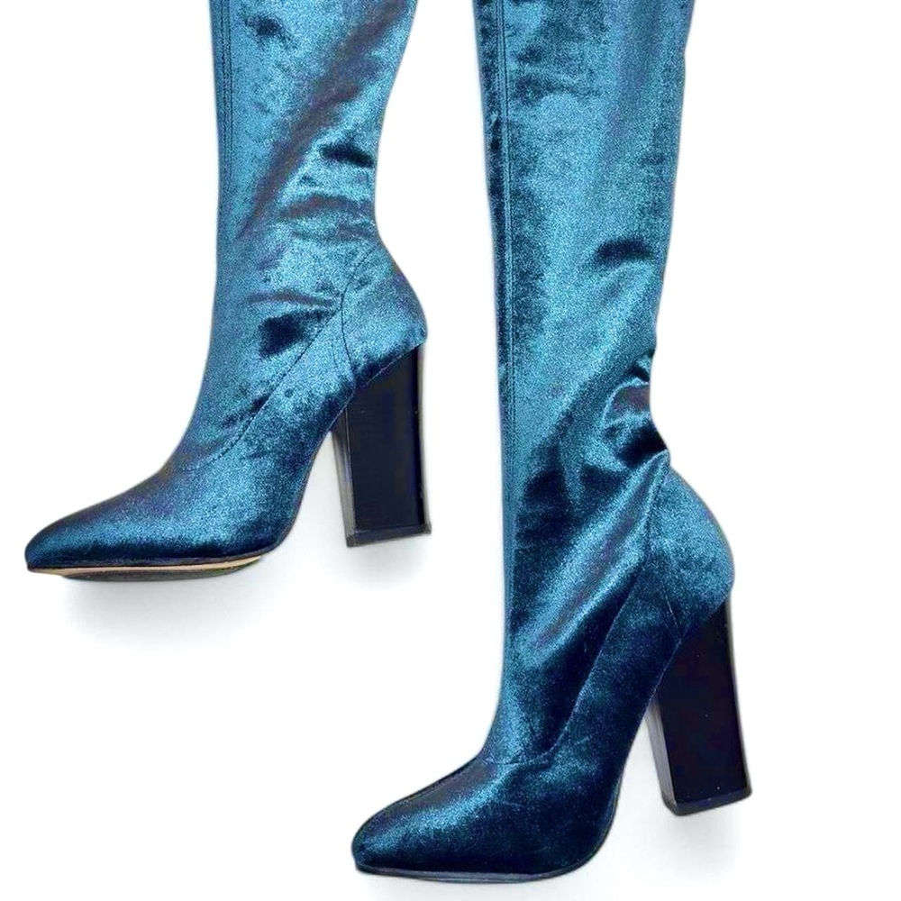 Blue velvet stretchy over the knee sock boots with pointed almond toe